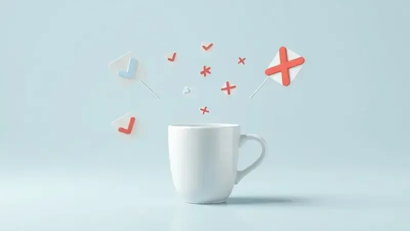Conceito visual abstrato de avaliação de qualidade com marcações de prós e contras em torno de xícara de café