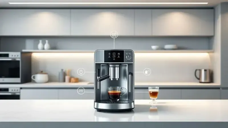 Conceito visual de cozinha moderna com cafeteira multifuncional mostrando diferentes modos de preparo de café