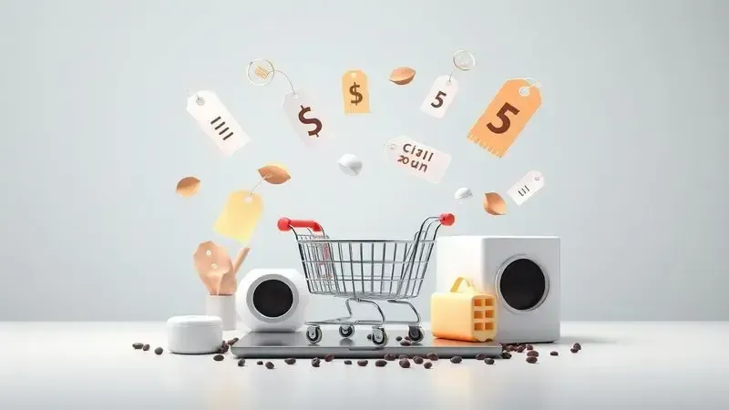 Ilustração conceitual de compra online com representação abstrata de tags de preço e carrinho de compras