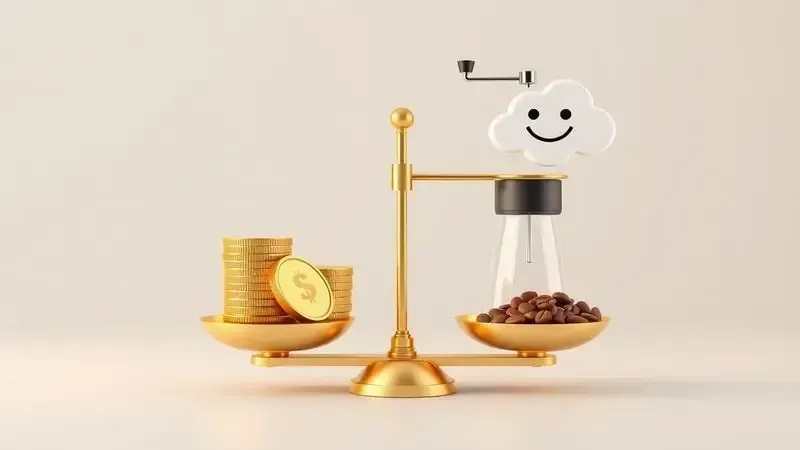 Ilustração conceitual de balança com moedor e moedas, representando análise de custo-benefício