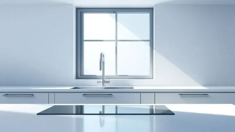 Ilustração conceitual de uma cozinha moderna com eletrodoméstico em aço inoxidável de design minimalista e limpo.