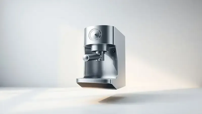 Ilustração 3D de um conceito de cafeteira moderna e elegante com formas geométricas limpas e texturas metálicas em fundo minimalista.