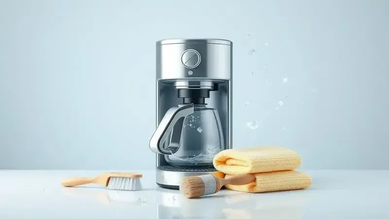 Render artístico conceitual mostrando processo de limpeza e manutenção de componentes de cafeteira elétrica.