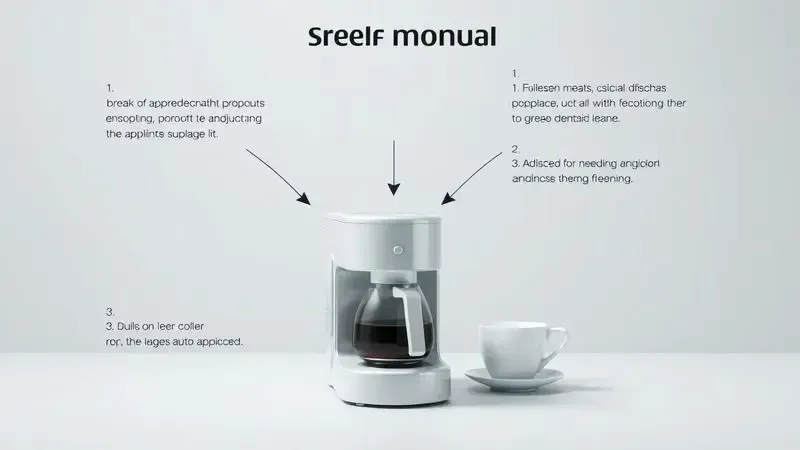 Conceito visual de manual de instruções com elementos numerados e setas apontando para preparo de café
