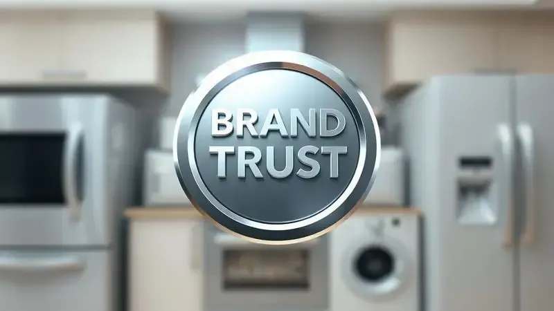 Conceito visual abstrato de marca confiável, representado por um escudo ou emblema de metal polido sobre eletrodomésticos genéricos.