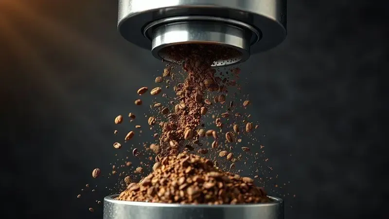 Ilustração conceitual de moagem de café com partículas de diferentes tamanhos caindo, representando consistência