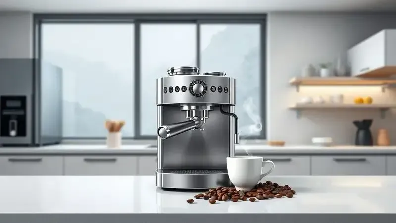 Conceito de preparação de café em cozinha moderna com máquina de espresso e copo fumegante