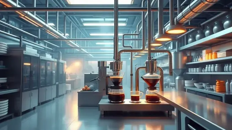 Conceito visual de produção automatizada de café em ambiente industrial com fluxo energético abstrato