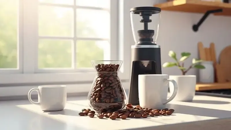 Cena conceitual de cozinha com moedor de café e acessórios para café, representando uso diário prático