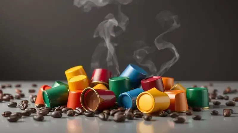 Conceito de variedade de cápsulas de café com cores diferentes e grãos de café