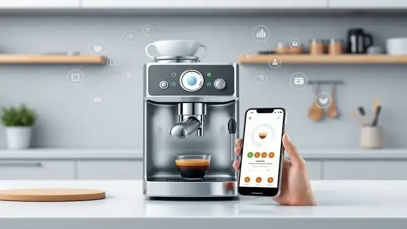 Ilustração conceitual de conectividade inteligente na cozinha com máquina de café conectada a aplicativo móvel.