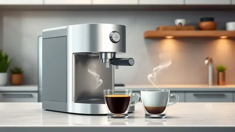 Ilustração conceitual de uma máquina de café moderna e uma xícara de espresso em uma cozinha minimalista