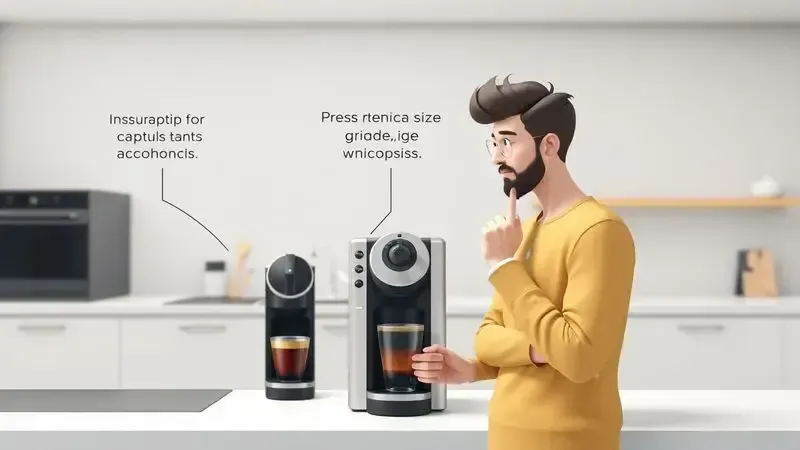 Ilustração conceitual sobre fatores a considerar ao comprar cafeteira de cápsula como compatibilidade e capacidade.