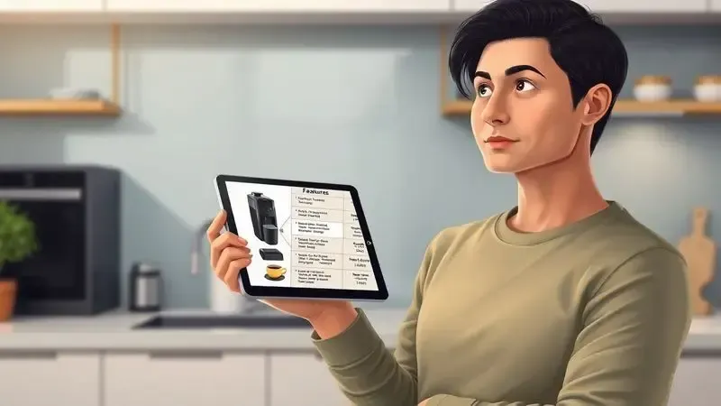 Cena conceitual ilustrativa de consumidor analisando características de cafeteiras multicápsula em uma cozinha moderna.