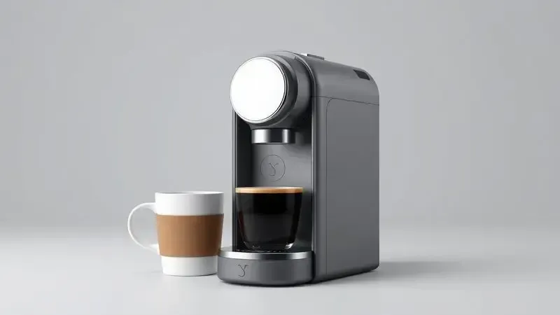 Ilustração conceitual mostrando o tamanho compacto de uma cafeteira de cápsulas em comparação com uma xícara.