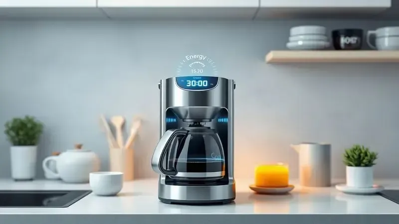 Ilustração conceitual sobre consumo de energia de cafeteiras modernas em cozinha com visualização de fluxo energético