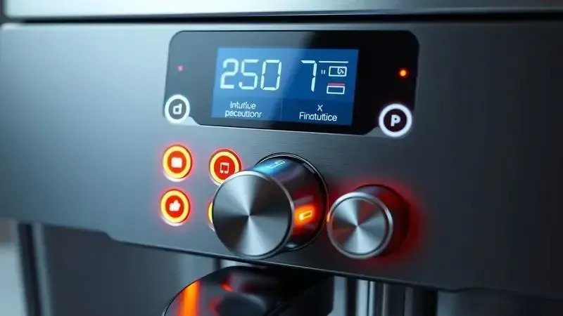 Ilustração conceitual de um painel de controle intuitivo com LEDs para cafeteira.