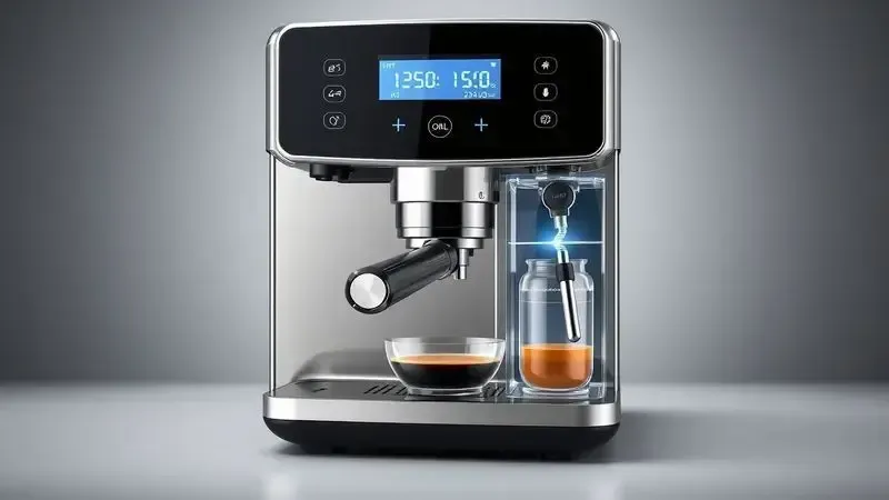 Gráfico de controle de temperatura e extração automática de cafeteira espresso com display digital.