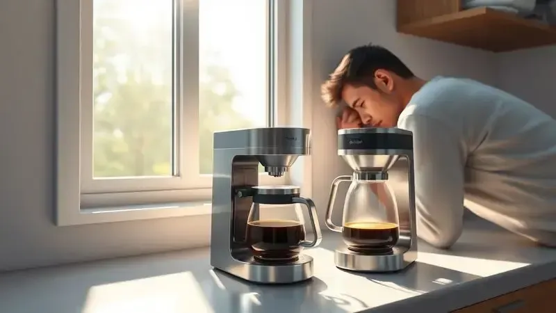 Cena artística ilustrando a conveniência de acordar com café fresco preparado automaticamente, mostrando luz matinal em uma cozinha limpa.