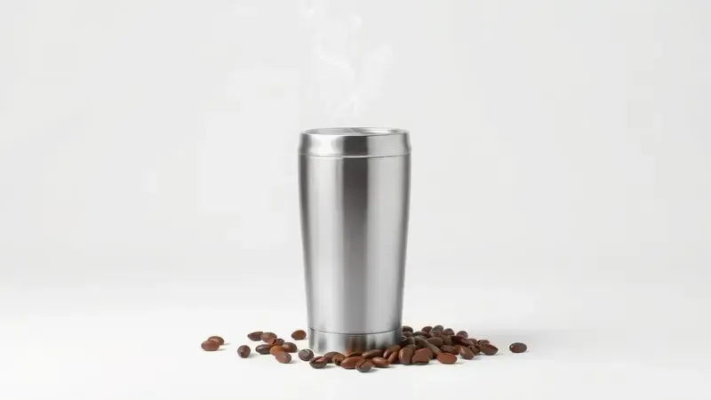 Ilustração 3D de um copo térmico inox com vapor estilizado, destacando sua capacidade de manter o café quente.
