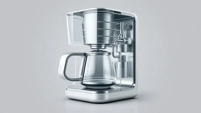 Corte transversal conceitual dos mecanismos internos de uma cafeteira mostrando sistema de aquecimento e filtro