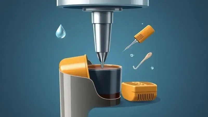Ilustração conceitual sobre a manutenção da máquina ao usar cápsulas compatíveis, mostrando cuidado com o sistema.