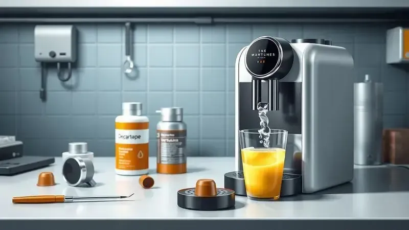 Ilustração digital realista mostrando conceito de limpeza e manutenção de cafeteira de cápsulas com ferramentas e produtos