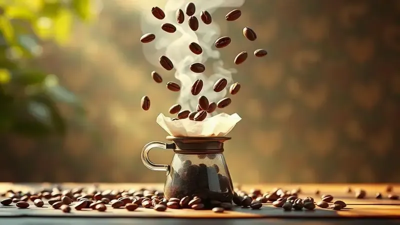 Ilustração conceitual da cultura brasileira do café com grãos caindo em filtro tradicional e atmosfera acolhedora.