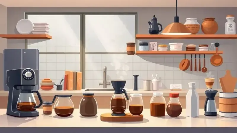 Ambiente moderno de cozinha com acessórios de café preparados artisticamente ilustrando a cultura do café brasileiro