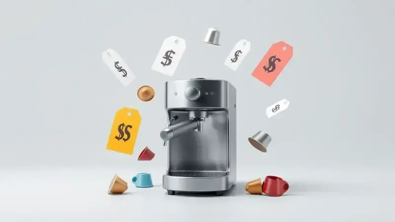 Conceito de custo-benefício com preços e cápsulas de café em ilustração abstrata.