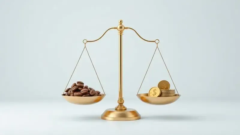 Representação conceitual do custo-benefício de cafeteiras, com balança e elementos de economia