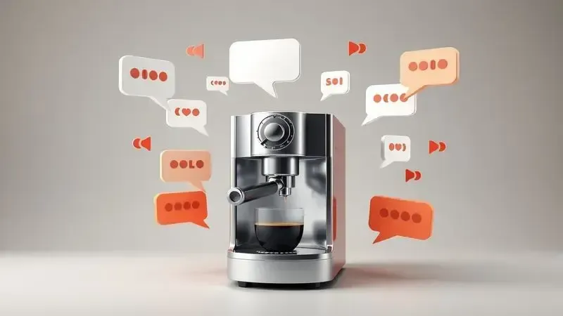 Ilustração conceitual de depoimentos e opiniões sobre cafeteira expresso com símbolos de conversa