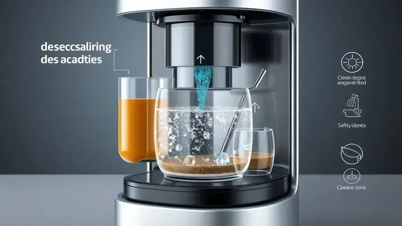 Ilustração do processo de descalcificação de cafeteira mostrando remoção de depósitos minerais internamente