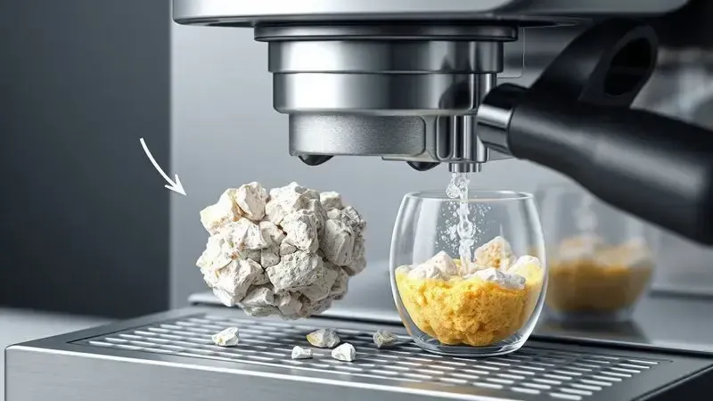 Processo conceitual de descalcificação removendo resíduos minerais de cafeteira