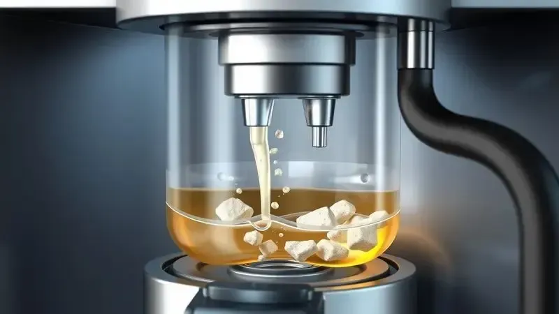 Ilustração 3D do processo de descalcificação interna de uma máquina de café com fluxo de líquido