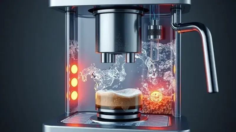 Ilustração conceitual do acúmulo de calcário dentro da cafeteira e como a descalcificação remove essas incrustações