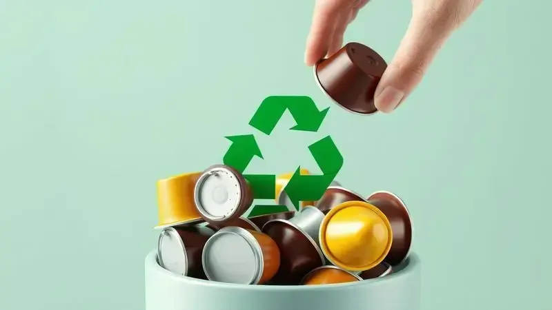 Ilustração conceitual de cápsulas de café usadas sendo descartadas em recipiente de reciclagem com símbolo verde
