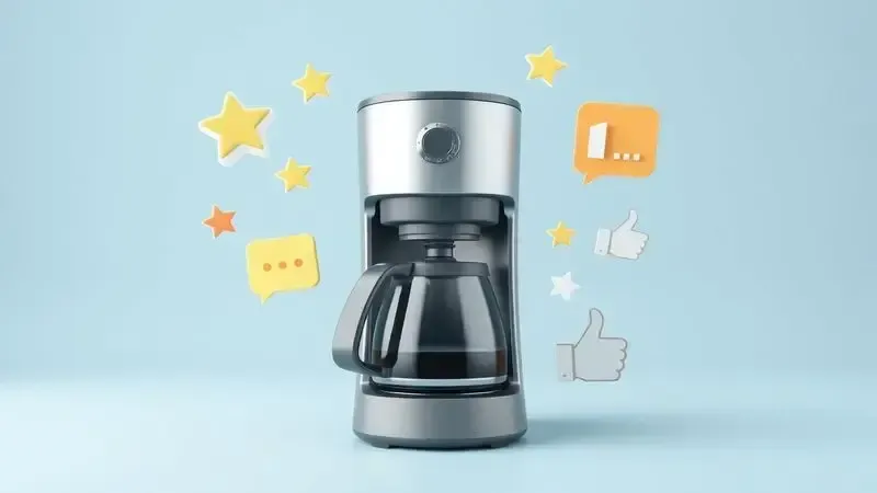 Cena 3D conceitual de cafeteira com símbolos abstratos de avaliação e feedback de usuários
