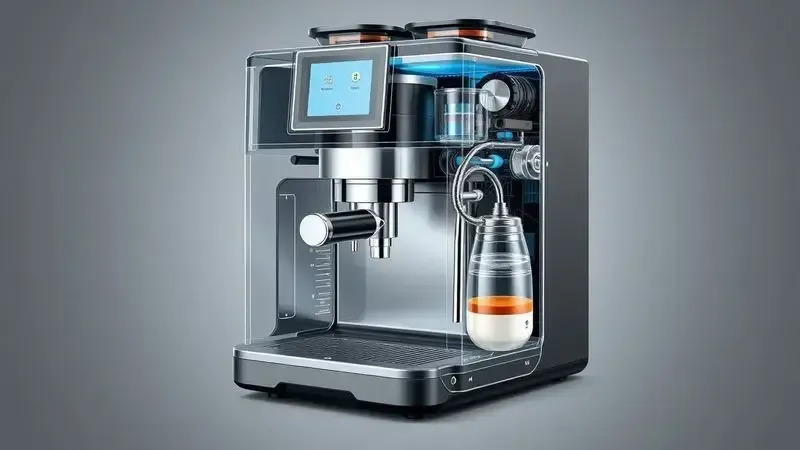 Descrição técnica interna da máquina de café automática - vista em corte artístico
