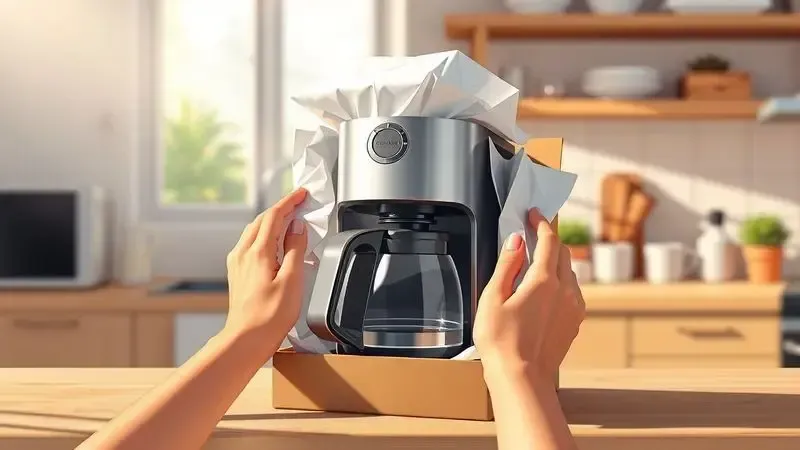 Mãos desembalando uma cafeteira conceitual em ambiente de cozinha com luz matinal natural