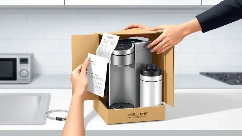 Mãos desembalando uma nova cafeteira de cápsulas na bancada da cozinha, com manual e tanque de água visíveis.