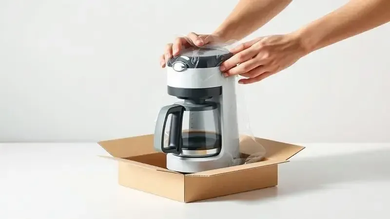 Ilustração conceitual 3D do momento de desembalar uma cafeteira elétrica nova, mostrando cuidado e atenção aos detalhes