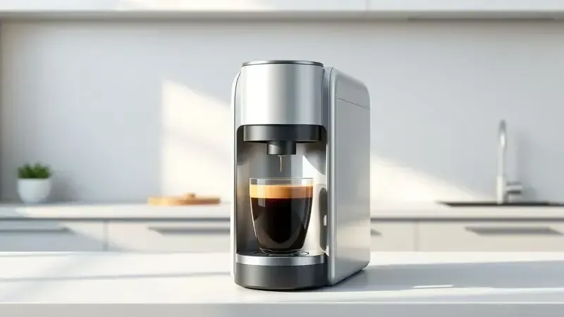 Ilustração conceitual do design arrojado e compacto de uma cafeteira de cápsula moderna.