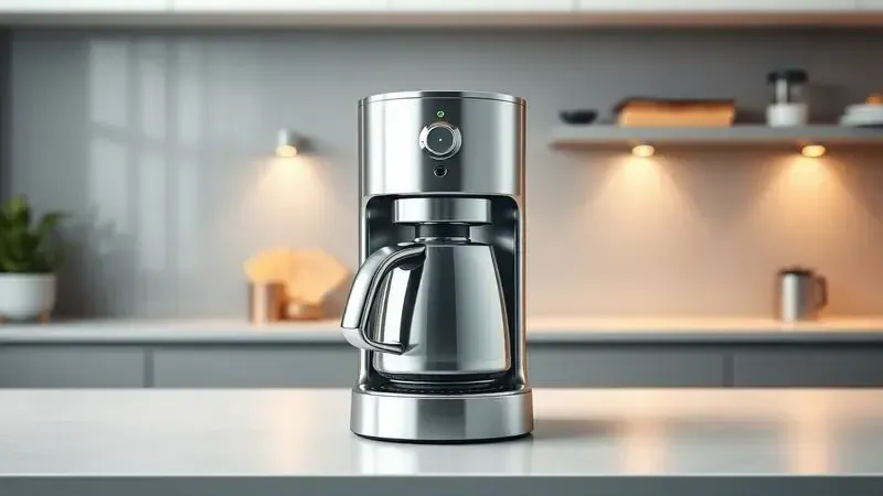 Ilustração realista de cafeteira em aço inoxidável em cozinha moderna, conceito de design premium