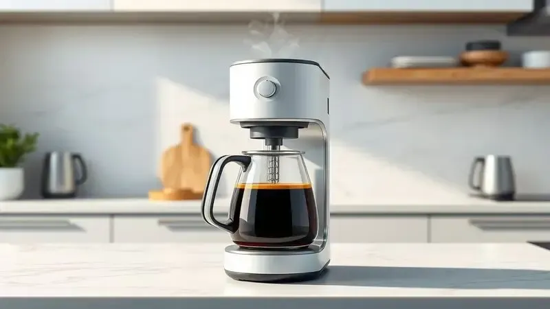 Ilustração conceitual do design moderno da cafeteira elétrica compacta em cozinha iluminada