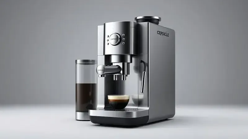 Ilustração conceitual de uma cafeteira espresso moderna com sistema de cápsulas em design minimalista e materiais premium.