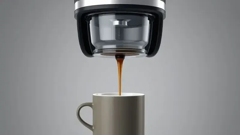 Ilustração conceitual do mecanismo de dispensação de café sem jarra de vidro, mostrando café quente sendo servido diretamente na caneca.