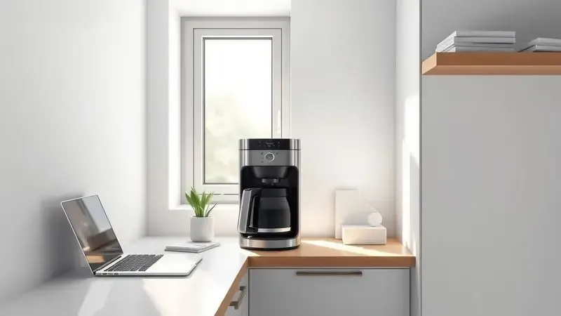 Ilustração conceitual mostrando cafeteira compacta em cozinha pequena com espaço de trabalho, demonstrando otimização de espaço para escritórios domésticos.
