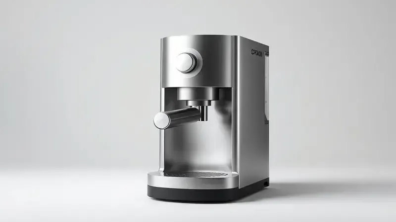 Ilustração digital de uma cafeteira automática compacta e elegante com acabamento metálico, conceito de design moderno e espaçoso.