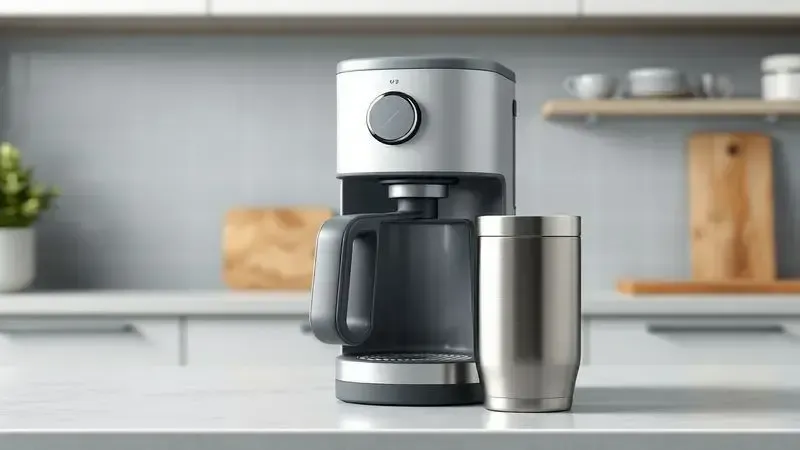 Ilustração conceitual do design compacto e materiais em aço inoxidável de uma cafeteira elétrica.